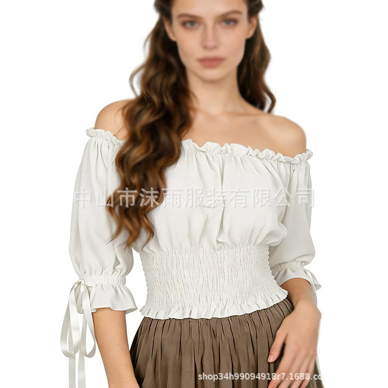 Renaissance Period Off-Shoulder Shirt 2026 Amazon Crop Top Short-Sleeve Pirate Peasant Short Shirt for Women