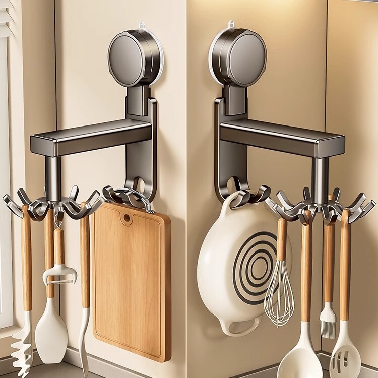 Suction Cup Rotating Hook Kitchen Punch-Free Space Aluminum Multi-Function Slipper Spoon Rack Storage Wall-Mounted Storage Rack