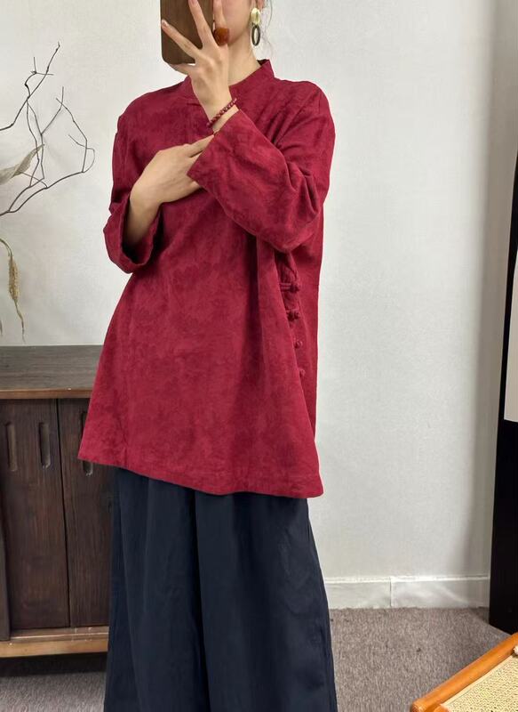 新品立领斜襟外穿宽松中式女衬衫盘扣茶服复古亚麻提花上衣|undefined