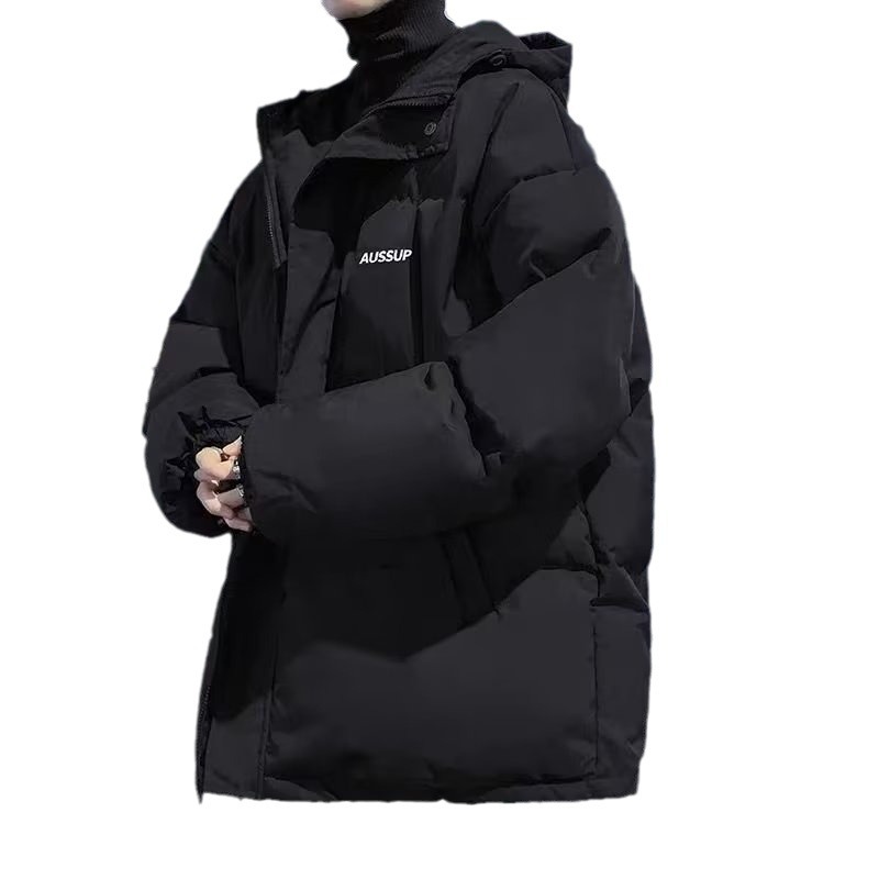 Abrigo de algodón acolchado con capucha de estilo de Hong Kong para hombres 2023 nuevo invierno engrosado abrigo de pan caliente abrigo negro suelto para hombres
