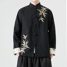 唐装男款中国风复古亚麻外套春秋季中式盘扣上衣竹子刺绣改良汉服