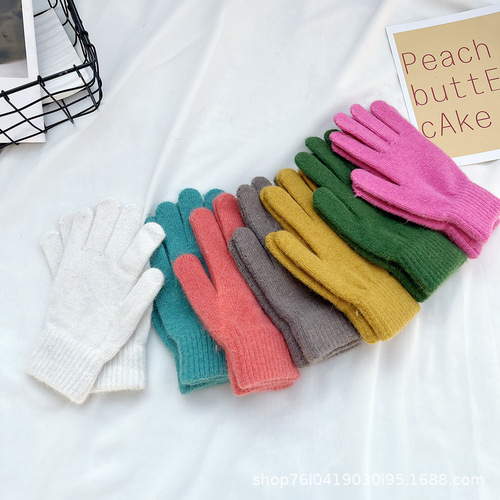 ins Korean style knitted rabbit fur gloves for women, warm in winter, simple student bare board five-finger cold-proof couple gloves trendy