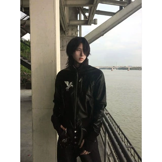 暗黑风天马星空外套芒星重工刺绣螺纹拼皮立领正肩男女款夹克外套