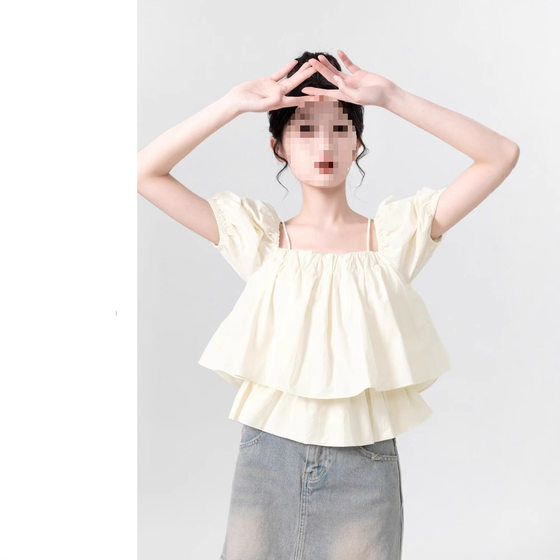 apricot off-shoulder strap bubble sleeve doll shirt women's summer 2025 new chic square collar short sleeve shirt short top