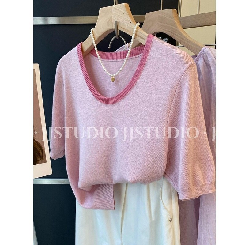 Pink Short-sleeved T-shirt Women's Top Light Mature French Niche Design Sense Ice Silk Knitted Sweater Summer High-end Sense Shoulder