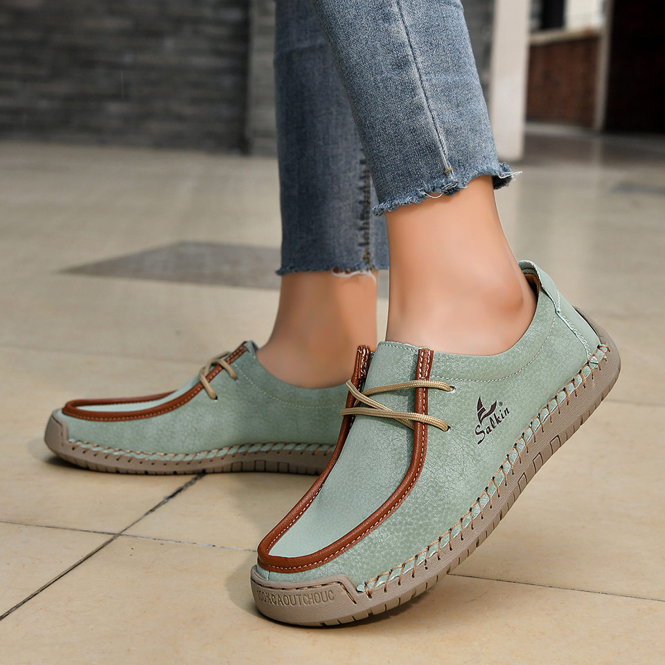 Giày lười unisex cỡ lớn 48, mũi tròn, mặt vải lanh, đế bằng gót thấp, dây buộc phía trước — 2801 Vàng kim, 2801 Xanh lá cây táo, 2801 Xanh đậm, 2801 màu xanh chi tiết 2