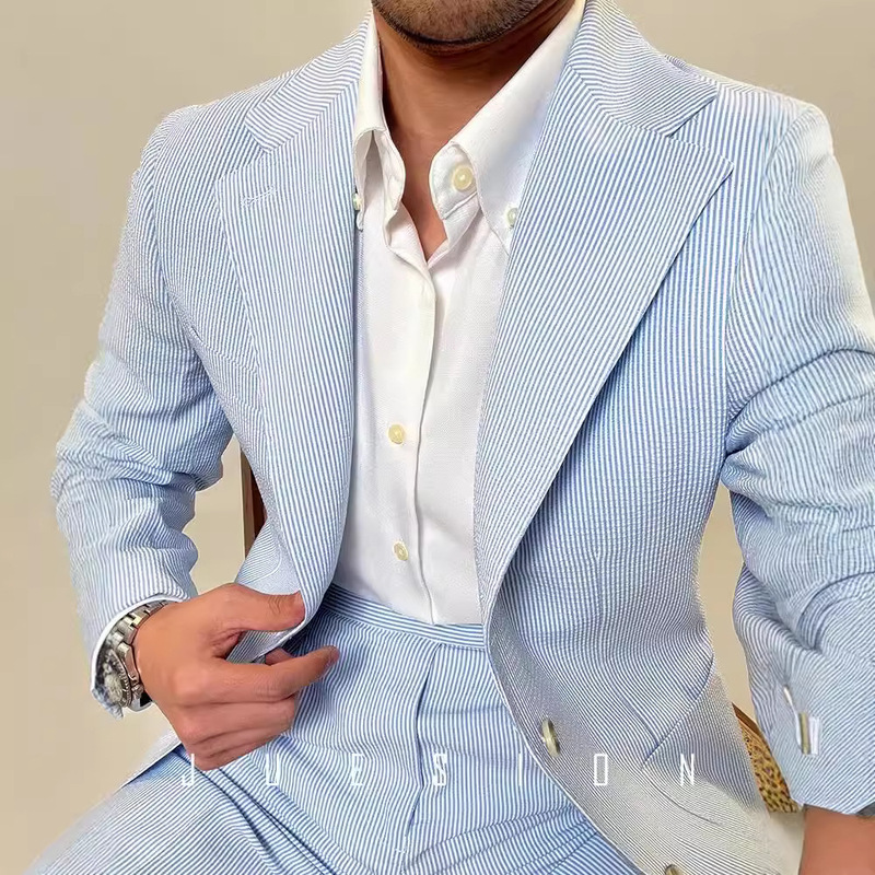 Spring and Summer Men's Casual Blue Striped Seersucker Slim-fit Suit Jacket Business British Gentleman Suit Trendy