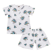 儿童棉麻短袖套装夏季跨境男女童宝宝褶皱纯棉纱布宽松短裤两件套