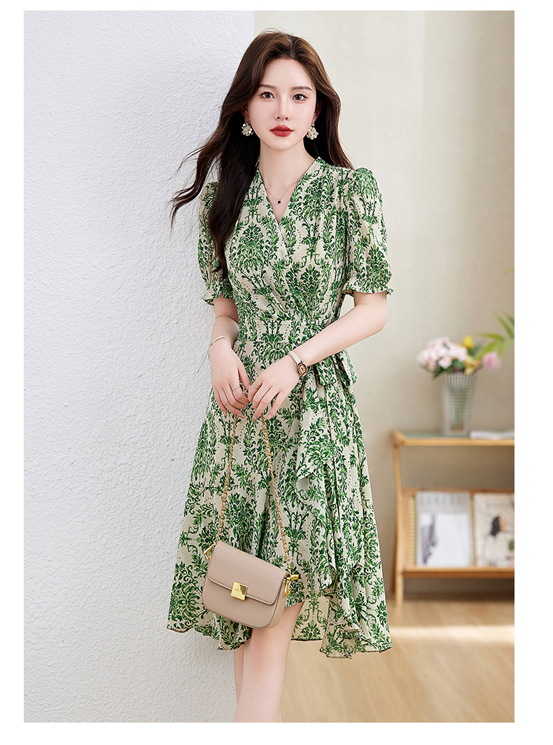 Váy maxi nữ cổ chữ V thắt eo họa tiết hoa nhí mùa hè — Màu xanh lá, Màu đỏ chi tiết 18
