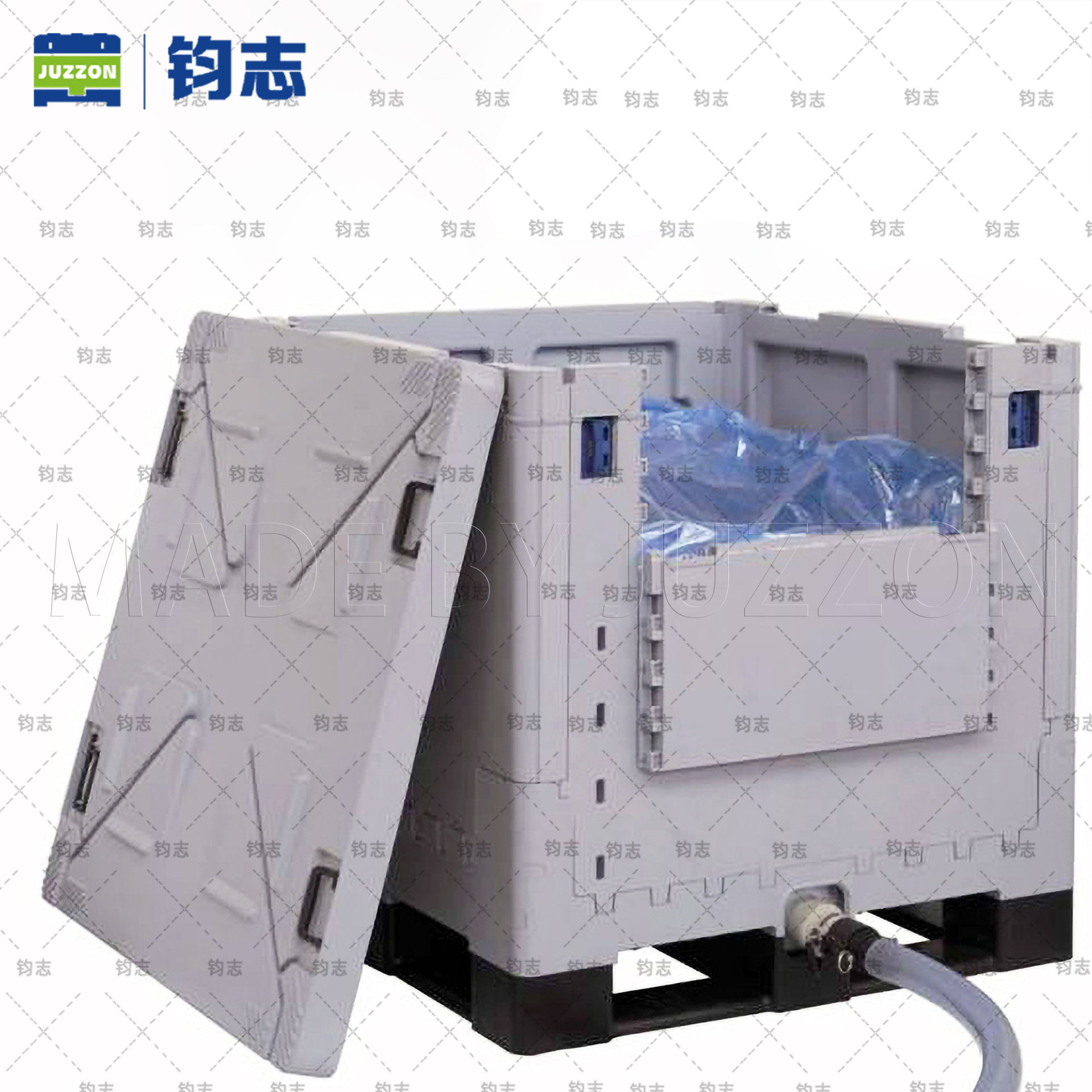 钧志1000L折叠周转箱塑料PP可折叠吨桶可锁盖适合酱油灰色