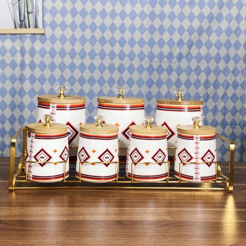 Comercio exterior exportación de cerámica de lujo ligera condimento cocina cubierta de madera condimento caja de cuentas superior conjunto de comercio con estante de contenedor