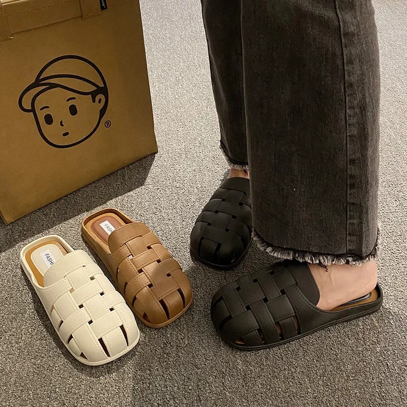 Женские летние пляжные сандалии-шлёпанцы Баотоу, новые, повседневные, плоские, сетчатые, модные, надеваются без застёжек.