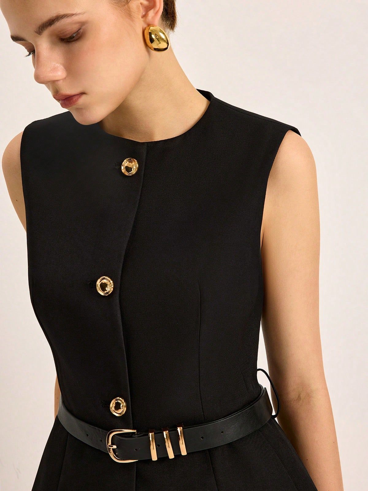 Women's Sleeveless Vest Round Neck Top With Waistband American Style Spring New Collection Regular Polyester_ecoleips.com