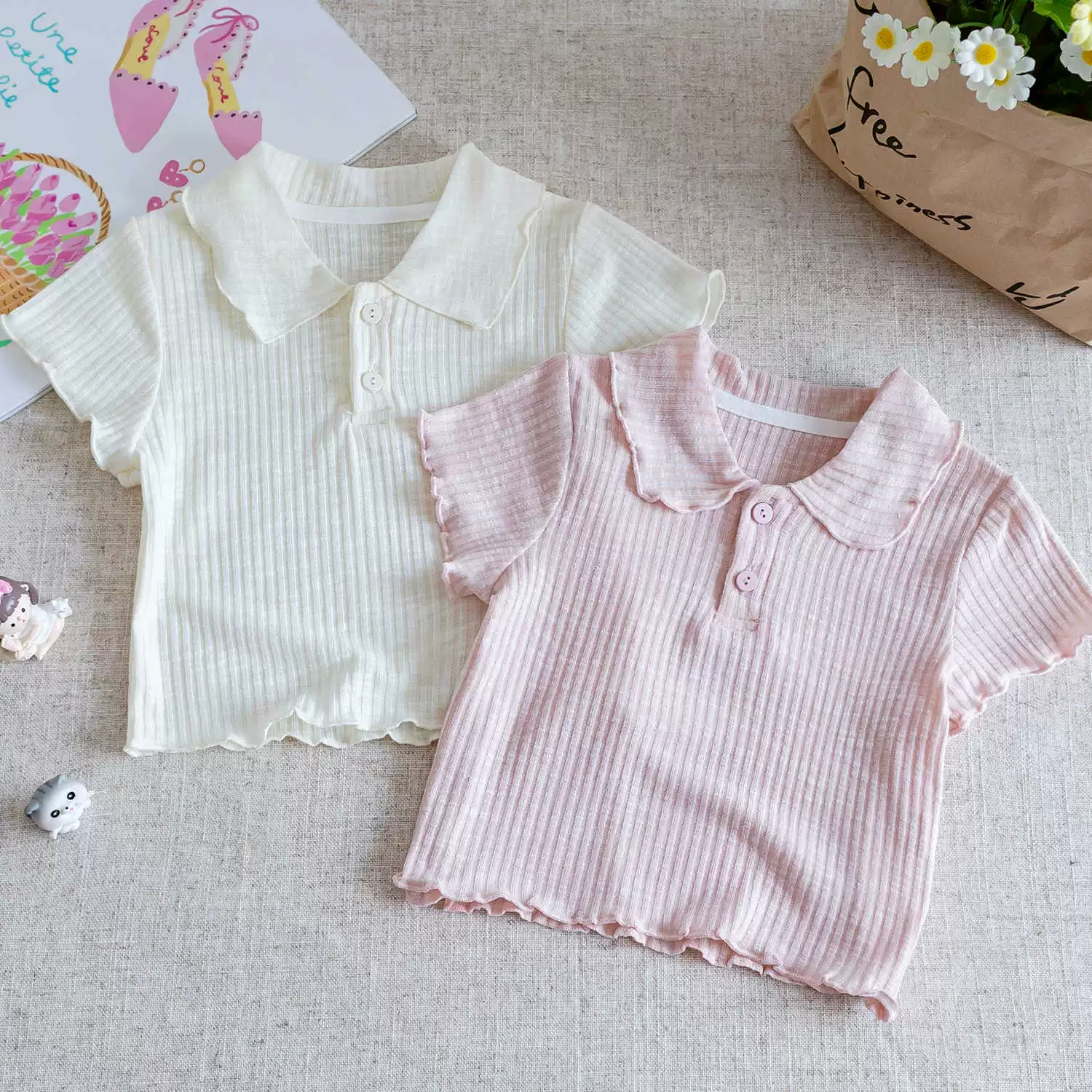 Футболка с короткими рукавами для девочек, новинка 2025 года, летняя детская футболка в корейском стиле с милым кукольным воротником, модный низ для маленьких девочек