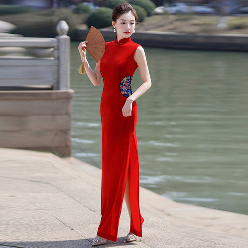Velvet cheongsam retro red chinese dress long sleeveless costumes during the new stage manners Chinese Dresse retro qipao for lady
