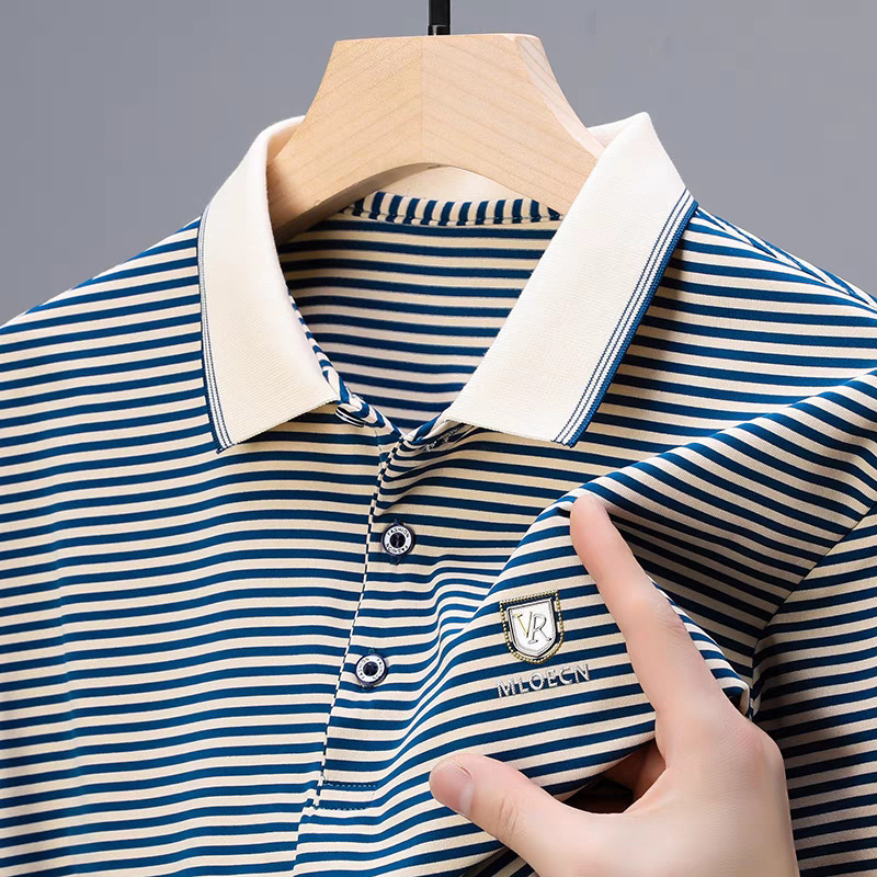 キツツキ綿メンズ半袖Tシャツ2025新作夏中年ルーズラペル半袖ポロシャツストライプ|undefined