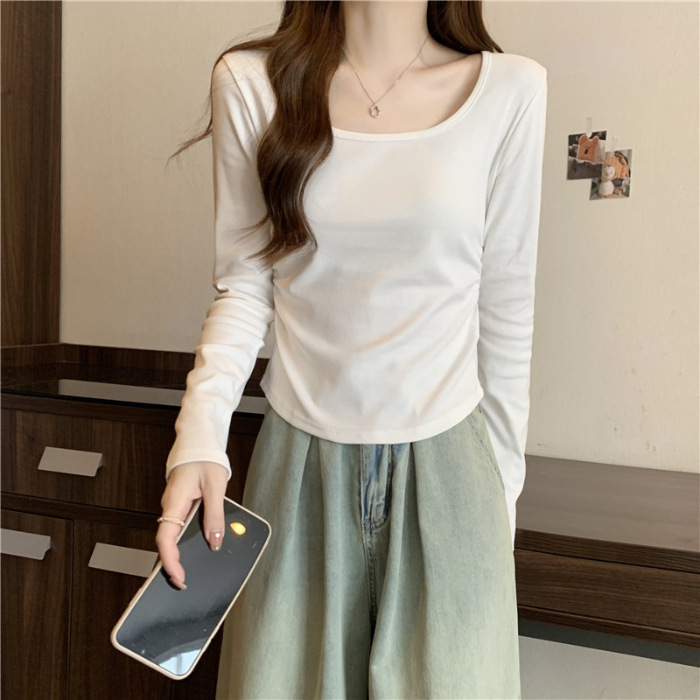 雰囲気の新しい秋の服の中には方襟の底のシャツの女性の服のデザイン感の上着の長袖の肩のtシャツの女性のタイプがあります。|undefined