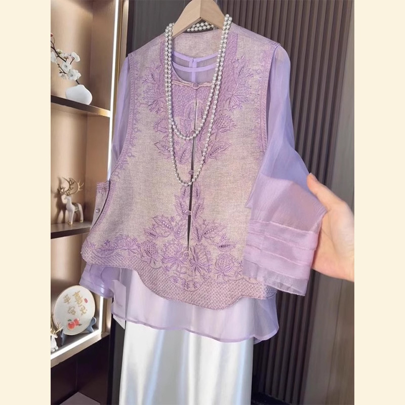 Summer New 2025 Beautiful New Chinese Style Exquisite Jacquard Embroidered Purple Vest Light Sunscreen Shirt suit Women