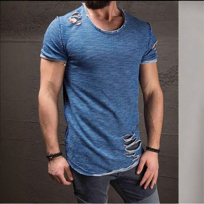 Men Denim Ripped Short Sleeve T-Shirt Summer