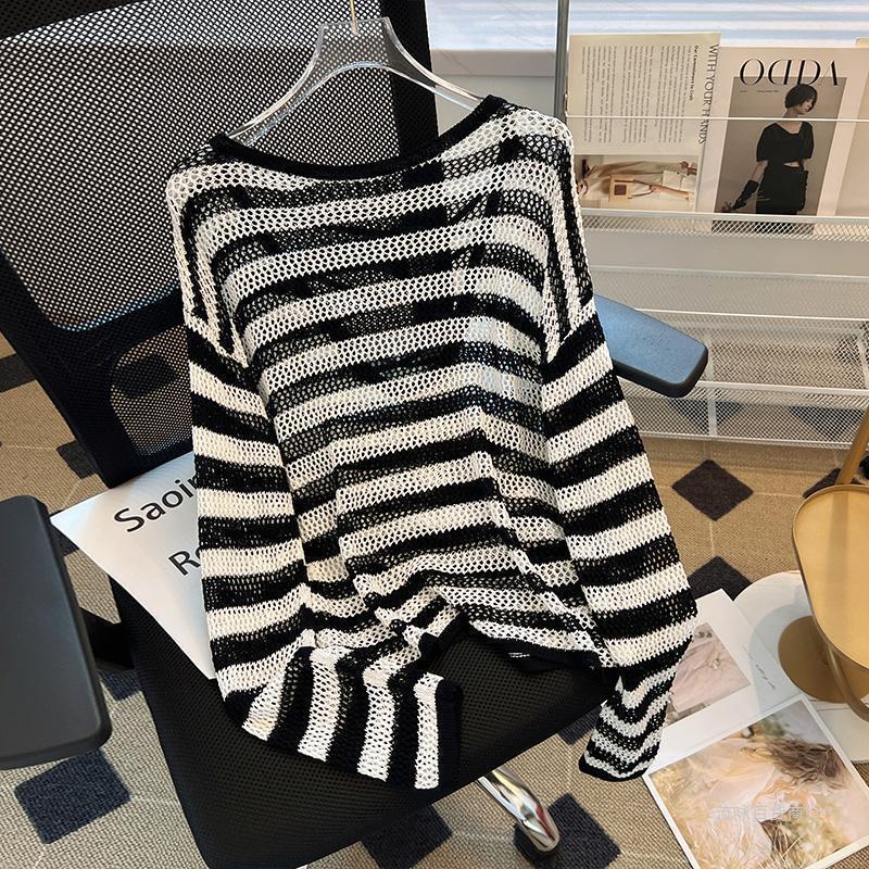 Kaning Black and White Stripesd Cut Out Ice Silk Knitwear Women's Long-Sleeved Loose Lazy Style Blouse Sexy Cut Out Top