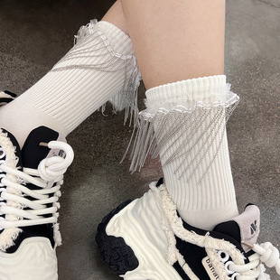 Jewelry Socks Decorative European Goods Light Luxury Spring and Autumn Cotton Socks Women's Socks Heavy Industry Tassel Metal Chain