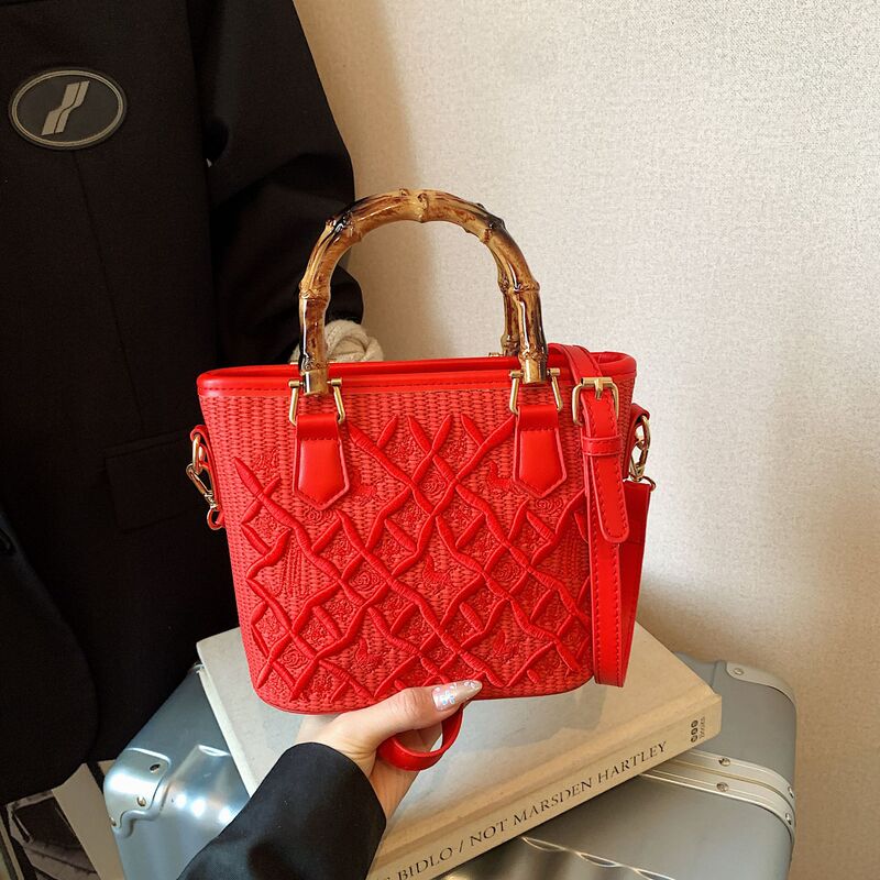 Cross-Border 2026 Spring New Luxury Quilted Embroidered Handbag Versatile Color-Blocking Bamboo Handle Shoulder Crossbody Bag