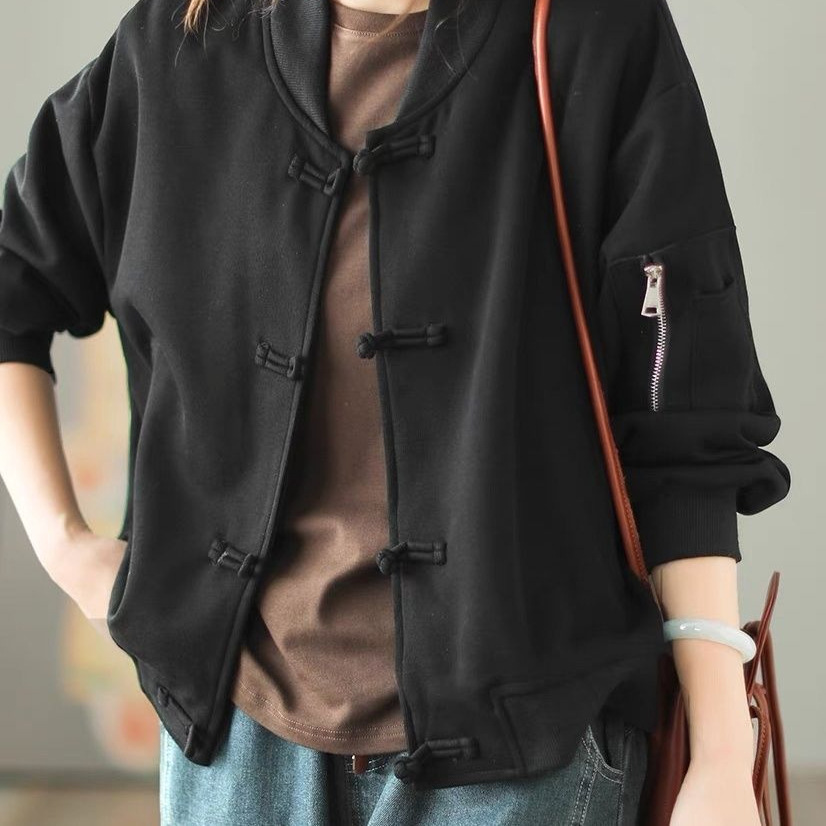 新品复古盘扣休闲卫衣外套女秋文艺短款宽松棒球服开衫上衣黑色