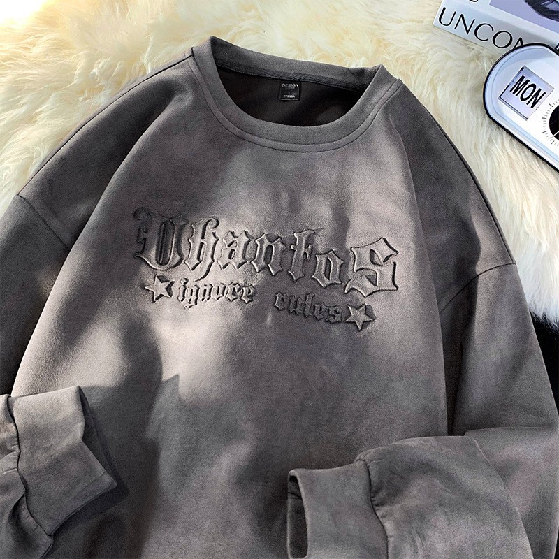 Suede estilo americano de manga larga pesada camiseta de los hombres de la marca de moda de otoño suelta camiseta superior primavera y otoño suéter