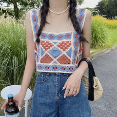 波西米亞民族風刺繡鏤空鈎花女裝無袖針織上衣女裝短款背心百搭