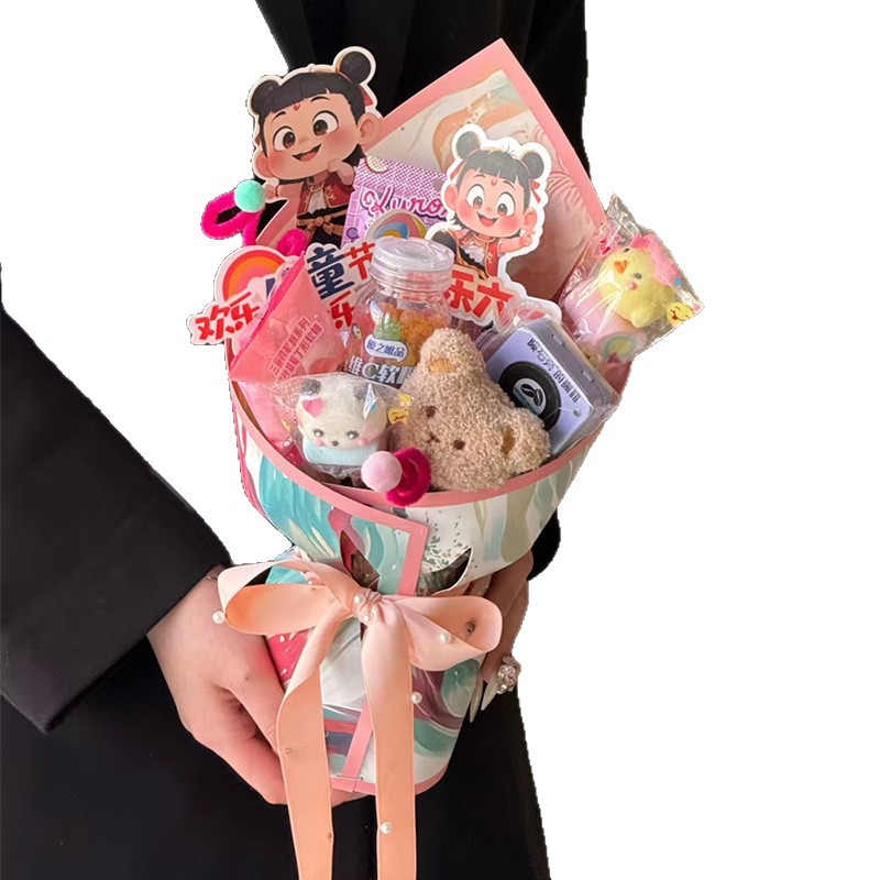 Snacks de celebridades de Internet, ramos de flores, película estereotipada, Día del niño, paquete de película de modelado integrado de dibujos animados de Nezha, artefacto de flores al por mayor