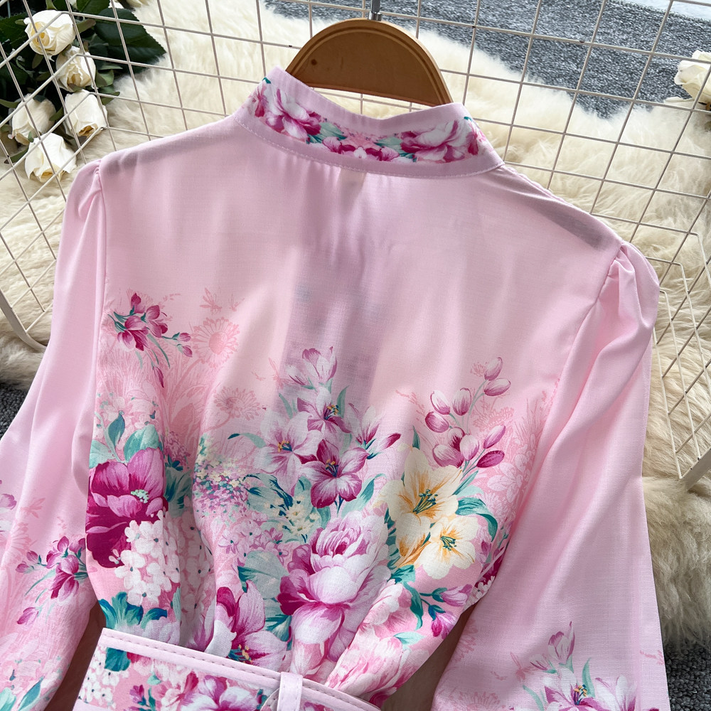 Elegant Stand Collar Lantern Sleeve Printed Dress for Women Autumn Youthful And Flattering a Line Skirt with a Belt_ecoleips.com