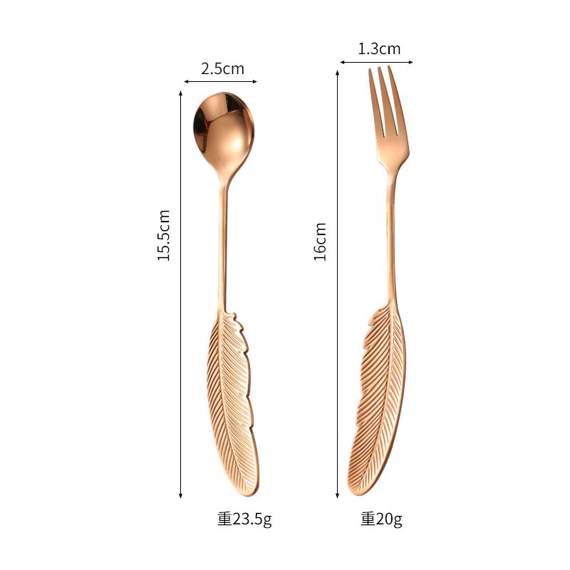 Creativo chapado en oro de color 304 de acero inoxidable de plumas cuchara de pastel cuchara de postre Tenedor de fruta cuchara de café cuchara de agitación