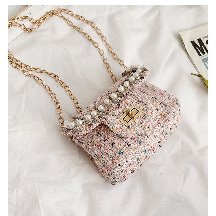 Venta al por mayor 2019 nuevo estilo Chanel Pearl bolso de hombro para niños Cadena de algodón y lino bolso de mensajero princesa monedero para niños