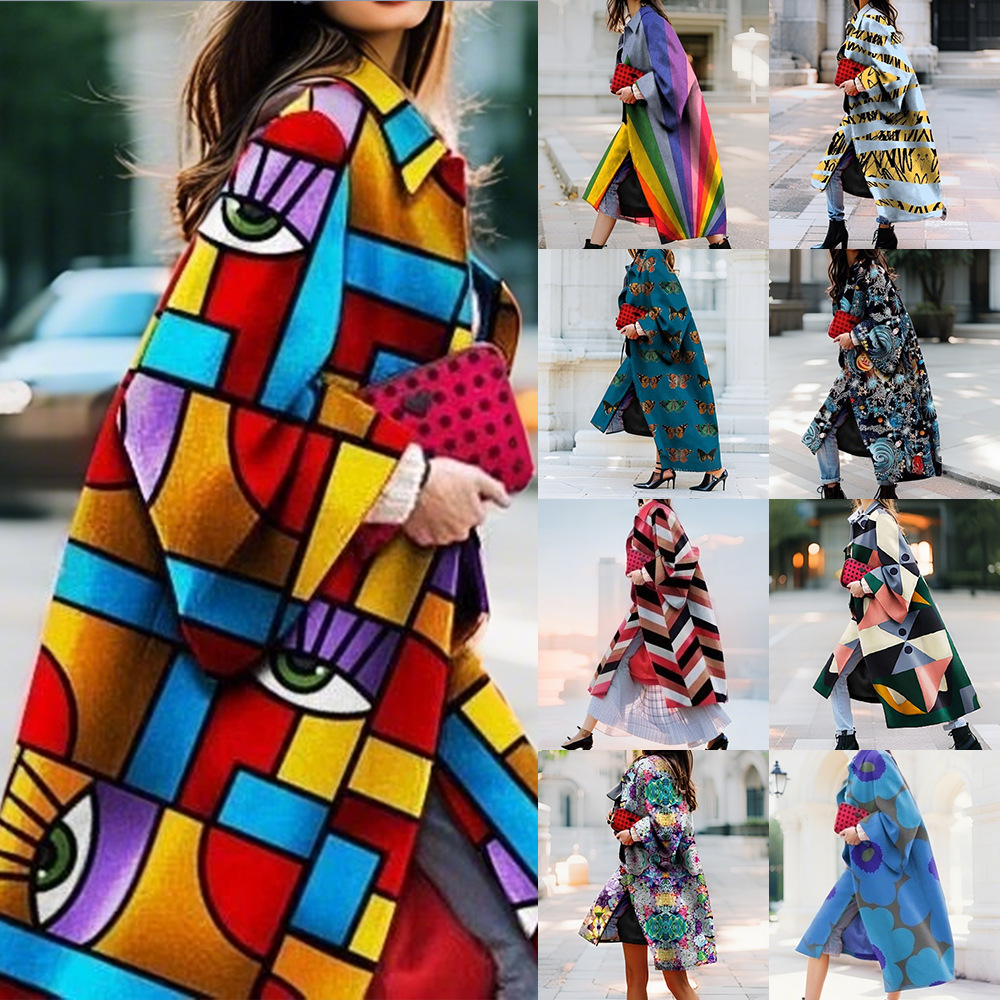 2025 Spring and Autumn Spot Wish Independent Station Ebay Amazon Long Bell Sleeve Jacket Printed Loose Windbreaker for Women