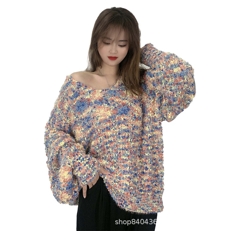 Autumn and Winter new Korean style fashionable loose slimming lazy style mixed color plush large wide collar sweater long sleeve pullover top