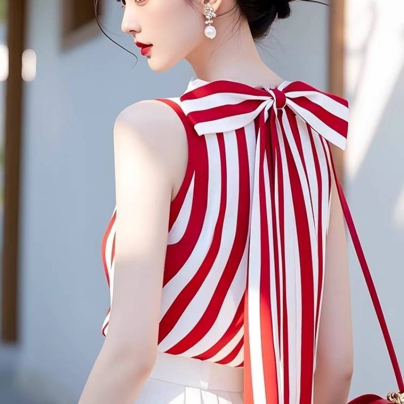 Korean Chic Red Stripesd Sleeveless Shirt for Women in Summer, Classy, Chic and Beautiful Bow-Tie Top