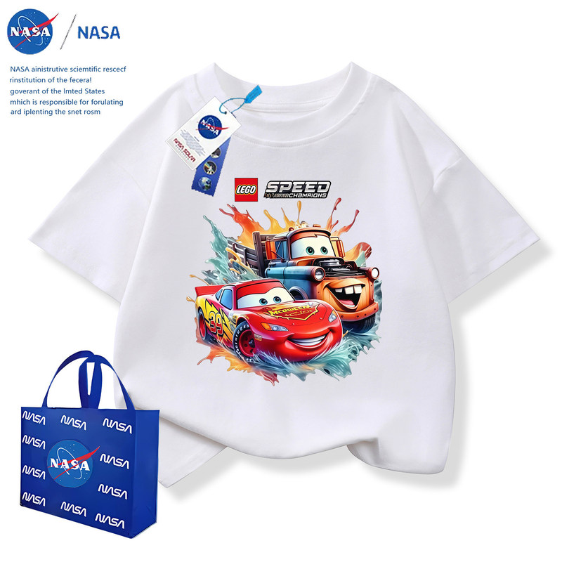 Nasa Trendy Collaboration Cars Lightning Mcqueen Children's Pure Cotton T-Shirt Boys' Crew Neck Clothing Nasa Trendy Collaboration Cars Lightning Mcqueen Children's Pure Cotton T-Shirt Boys' Crew Neck Clothing