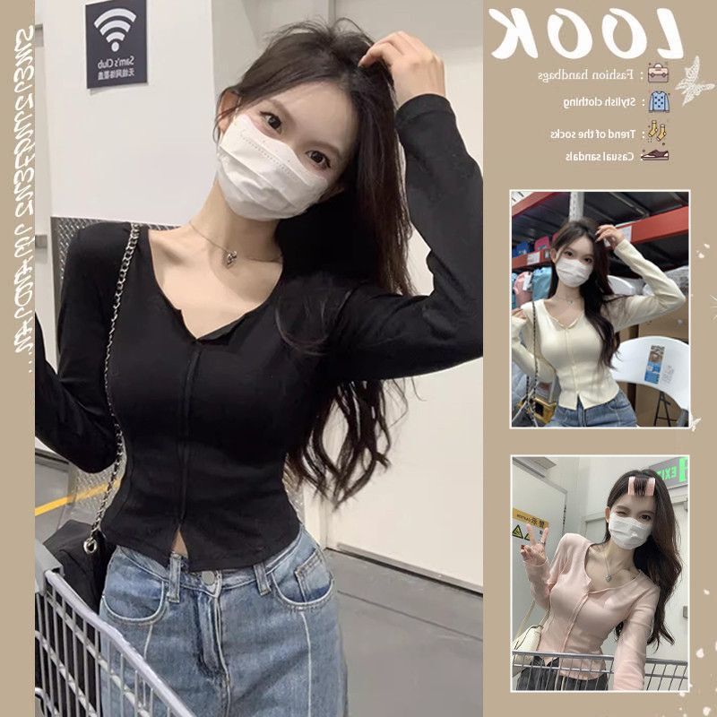 De Rong Pure Desire Split Design Sense Short T-shirt Autumn and Winter New Fashion Western Style Spice Girl Long Sleeve Base Top for Women De Rong Pure Desire Split Design Sense Short T-shirt Autumn and Winter New Fashion Western Style Spice Girl Long Sleeve Base Top for Women