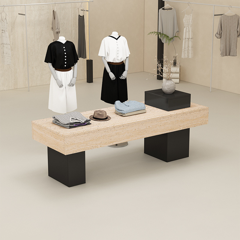 服装店中岛桌女装店铺中间流水台简约现代木纹展示桌鞋包陈列柜