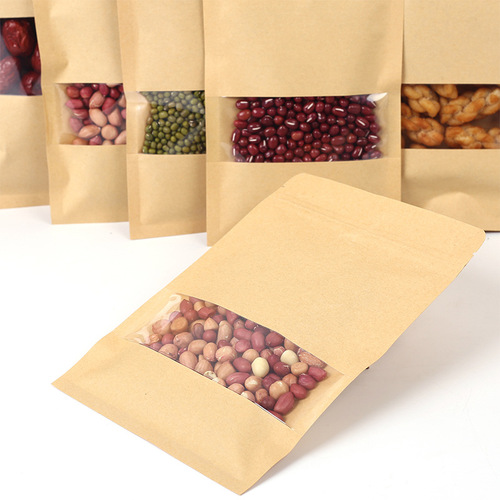 Kraft paper flat-bottom self-sealing bag with window Kraft paper bag for nuts, tea, food packaging bag dried fruit sealed bag