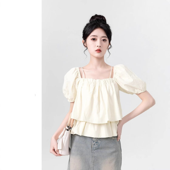 apricot off-shoulder strap bubble sleeve doll shirt women's summer new chic square collar short sleeve shirt short top