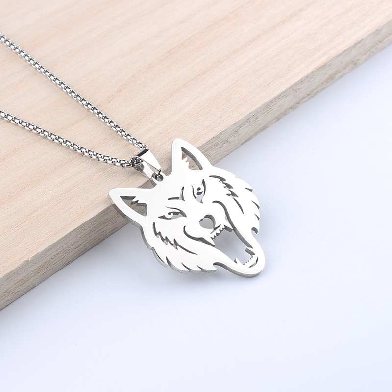 Necklace Hollow Wolf Head Pendant Hip Hop Style Zodiac Stainless Steel