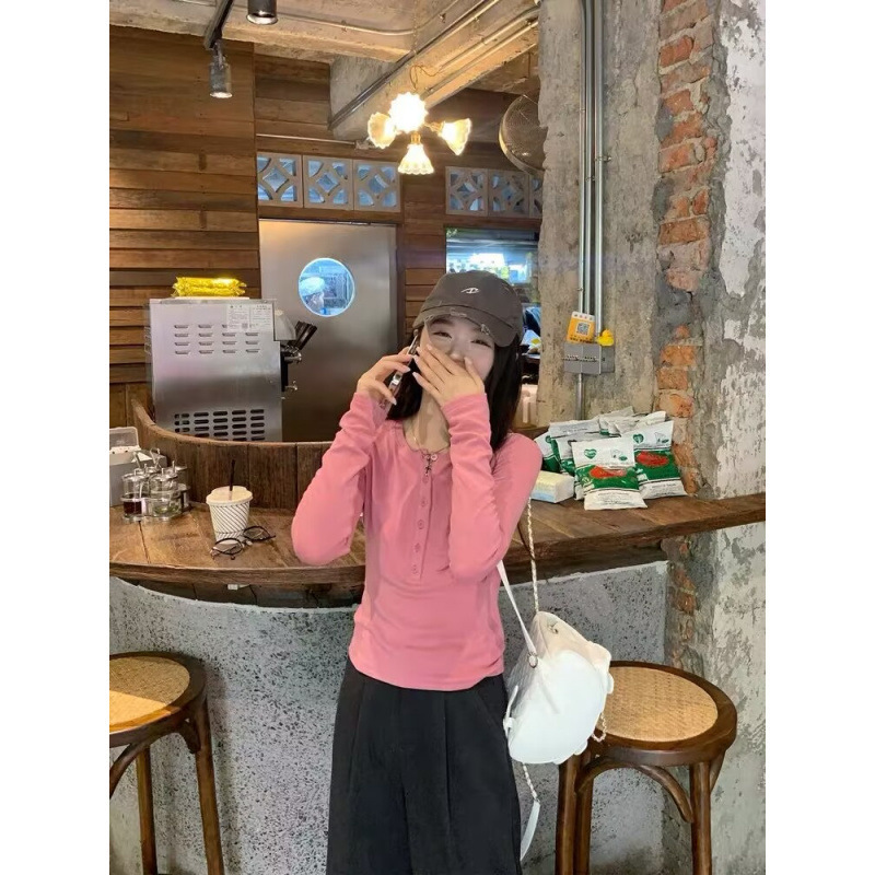 切糕自制小个子早秋新款女长袖T恤针织衫打底衫粉色内搭上衣|undefined