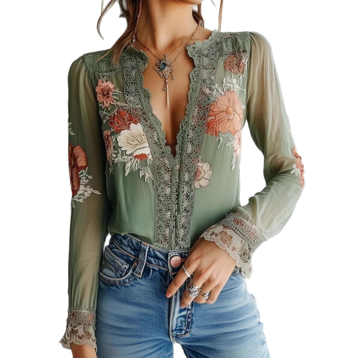 Elegantes Damen-Langarmshirt mit V-Ausschnitt und Print, einfarbig, für Frühling und Herbst. Hochwertiges Luxus-Top für Alltag und Pendeln._voghion.com