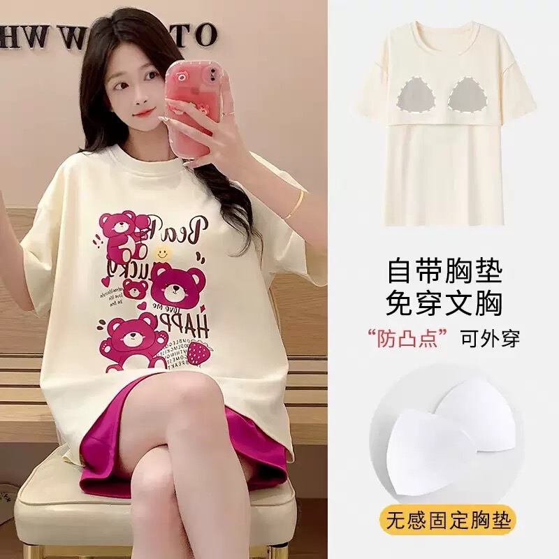 New Pajamas for Women Summer Short-Sleeved Pullover Thin Cartoon Girl with Chest Pad Home Clothes Set Women Can Wear Outside New Pajamas for Women Summer Short-Sleeved Pullover Thin Cartoon Girl with Chest Pad Home Clothes Set Women Can Wear Outside