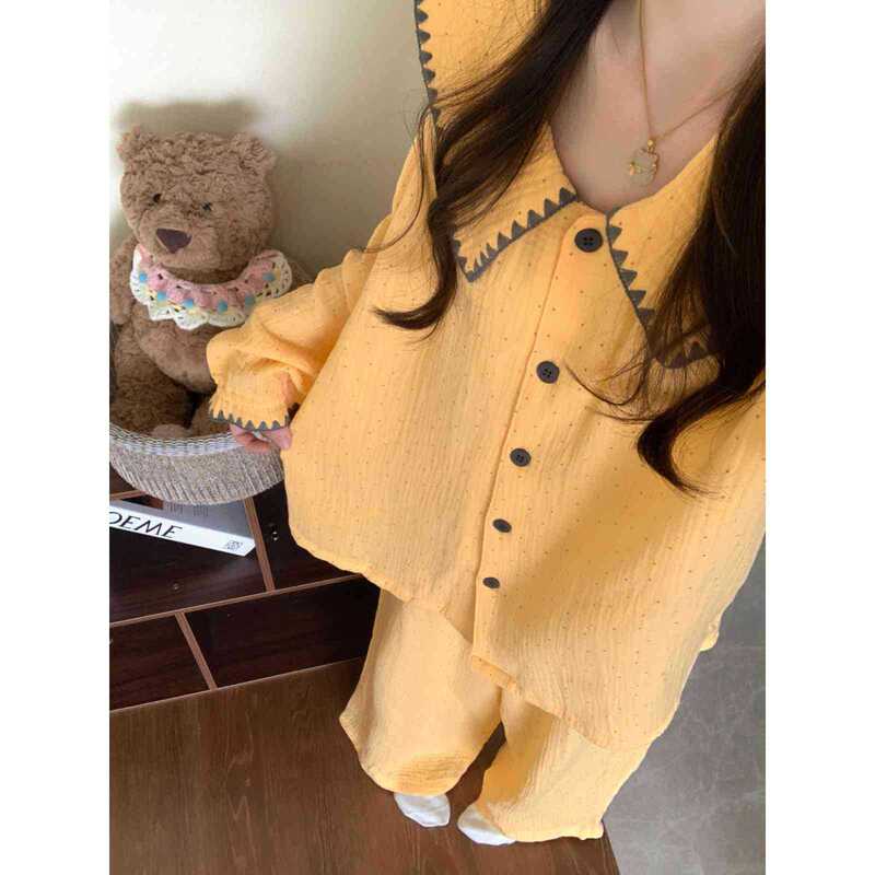 2026 Spring and Autumn New Contrast Color Doll Collar Polka Dot Pajamas for Female Students Dormitory Cloud Cotton Homewear Set