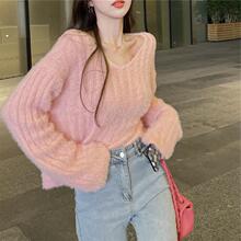 软软糯糯慵懒风毛衣女v领针织外套女装内搭宽松衫短款套头上衣装