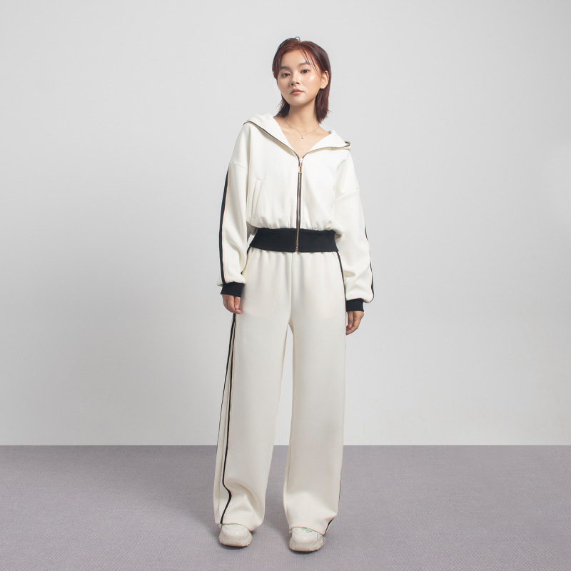 Fuboss Casual Fashion Sports Hooded Two-Tone Sweatshirt and Wide-Leg Pants Simple Set for Women