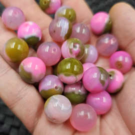 樱花粉玛瑙圆珠玉石散珠橄榄绿桃花粉拼色手链项链饰品配件玉珠子