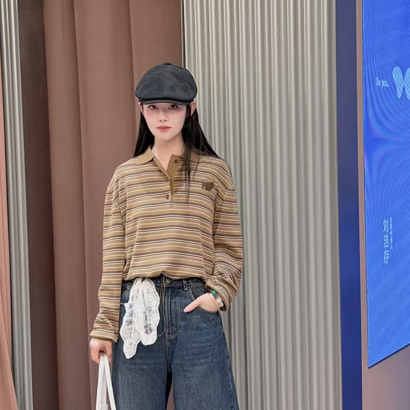 现货2025秋季新款宽松百搭休闲显瘦撞色POLO领条纹针织衫3J3E436|undefined